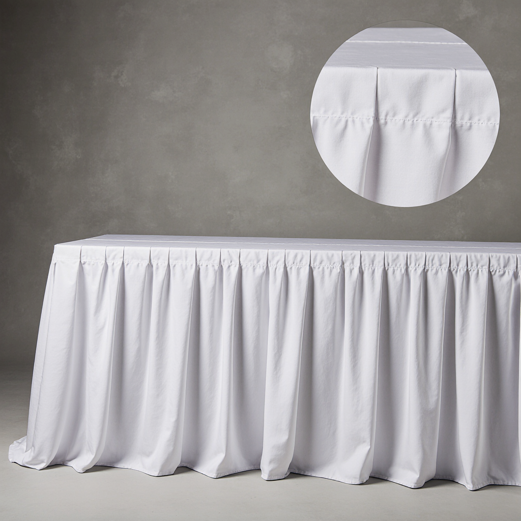 commercial_product_photography_white_polyester_table_skirt_on_banquet_table_against_grey_backdrop_fu_7546ee8c-e2ac-47c8-be40-595fafe7921f Table Skirt - White Polyester - Image 1