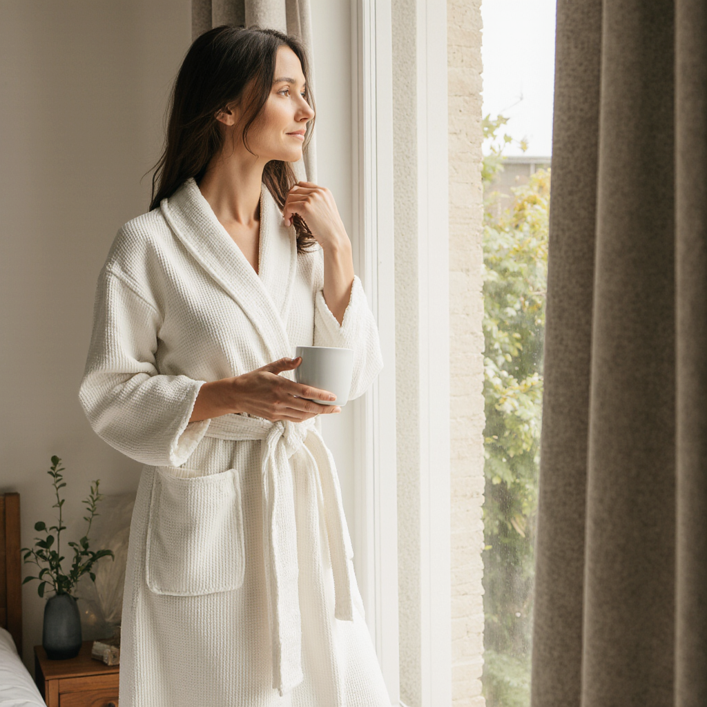 Cotton Waffle Bathrobe - White - Image 4