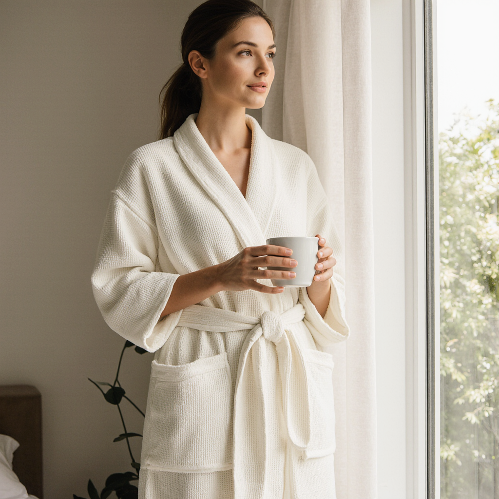 Cotton Waffle Bathrobe - White - Image 2