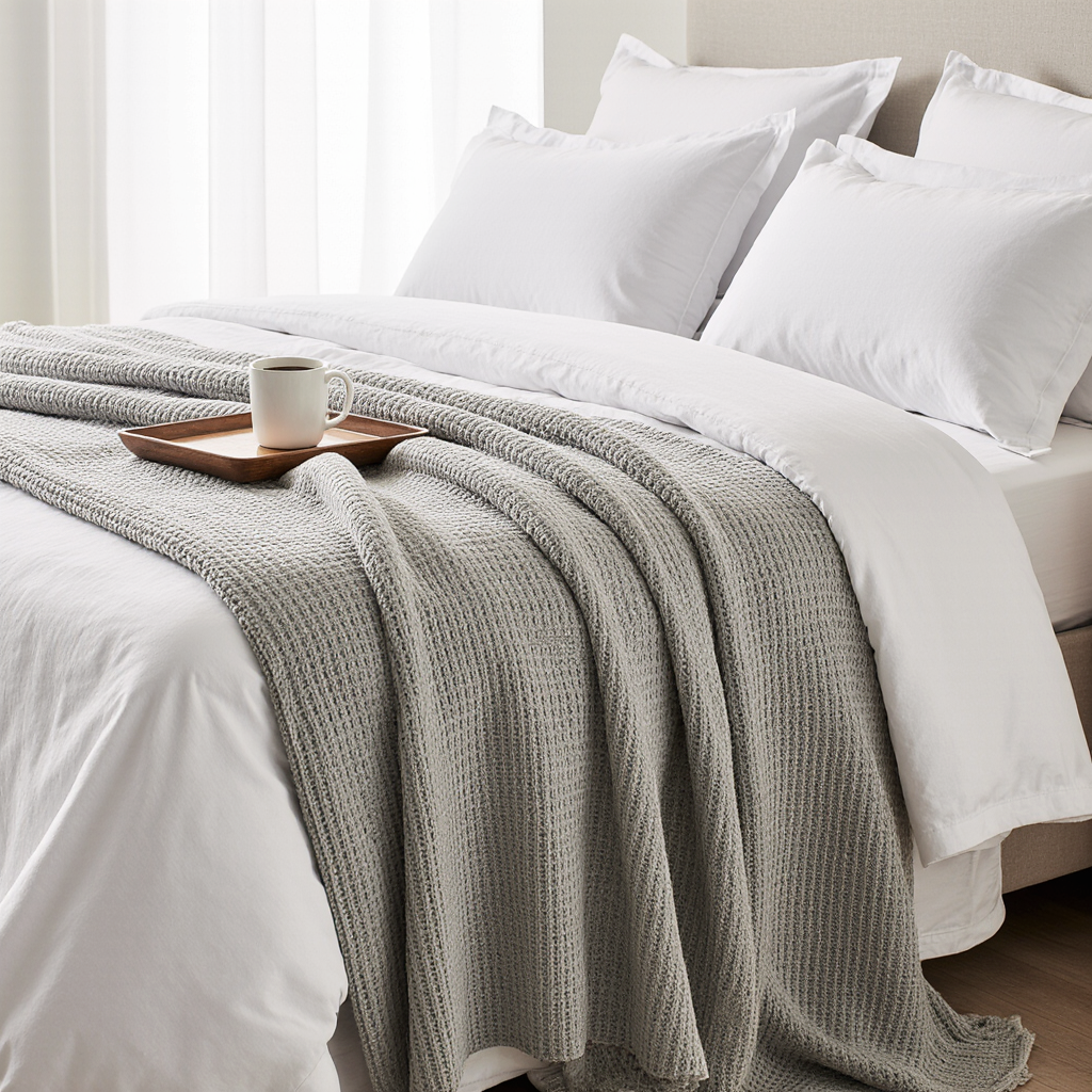 Cotton Waffle Blanket - Light Grey - Image 4